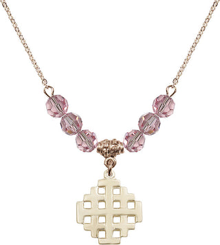 18" Hamilton Gold Plated Necklace with 4mm Light Rose Crystal Beads featuring a 14kt Gold Filled Jerusalem Cross Medal.