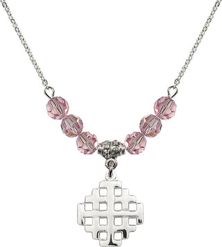 18" Rhodium Plated Necklace with 4mm Light Rose Crystal Beads featuring a Sterling Silver Jerusalem Cross Medal.