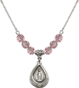 18" Rhodium Plated Necklace with 4mm Light Rose Crystal Beads featuring a Sterling Silver Miraculous Medal.