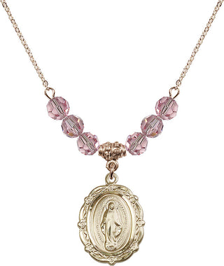 18" Hamilton Gold Plated Necklace with 4mm Light Rose Crystal Beads featuring a 14kt Gold Filled Miraculous Medal.
