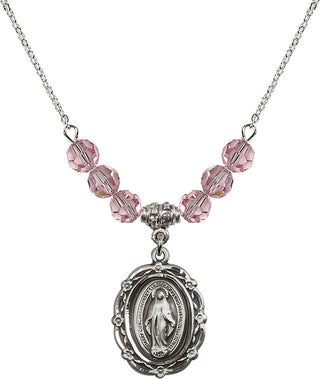 18" Rhodium Plated Necklace with 4mm Light Rose Crystal Beads featuring a Sterling Silver Miraculous Medal.