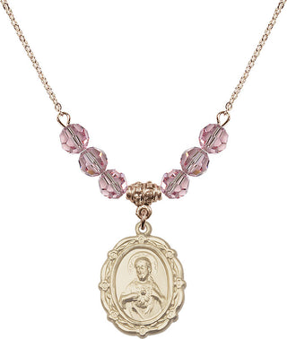 18" Hamilton Gold Plated Necklace with 4mm Light Rose Crystal Beads featuring a 14kt Gold Filled Scapular Medal.