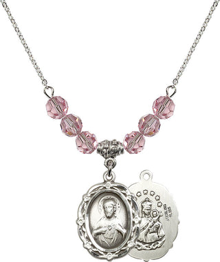 18" Rhodium Plated Necklace with 4mm Light Rose Crystal Beads featuring a Sterling Silver Scapular Medal.
