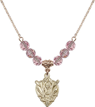 18" Hamilton Gold Plated Necklace with 4mm Light Rose Crystal Beads featuring a 14kt Gold Filled Communion Medal.