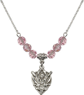 18" Rhodium Plated Necklace with 4mm Light Rose Crystal Beads featuring a Sterling Silver Communion Medal.