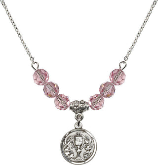 18" Rhodium Plated Necklace with 4mm Light Rose Crystal Beads featuring a Sterling Silver Communion Chalice Medal.