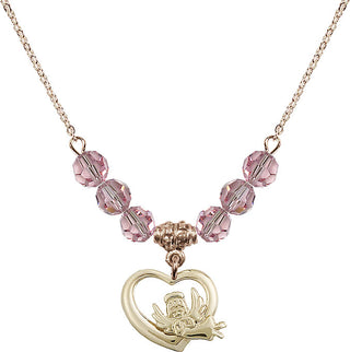 18" Hamilton Gold Plated Necklace with 4mm Light Rose Crystal Beads featuring a 14kt Gold Filled Heart / Guardian Angel Medal.