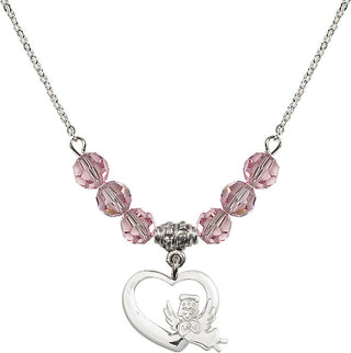 18" Rhodium Plated Necklace with 4mm Light Rose Crystal Beads featuring a Sterling Silver Heart / Guardian Angel Medal.