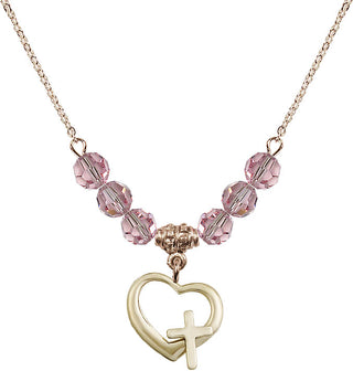 18" Hamilton Gold Plated Necklace with 4mm Light Rose Crystal Beads featuring a 14kt Gold Filled Heart / Cross Medal.