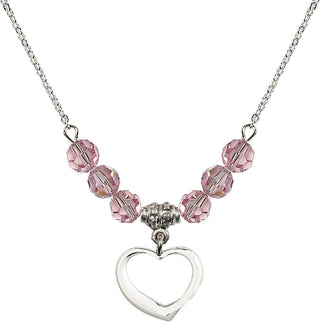 18" Rhodium Plated Necklace with 4mm Light Rose Crystal Beads featuring a Sterling Silver Heart Medal.