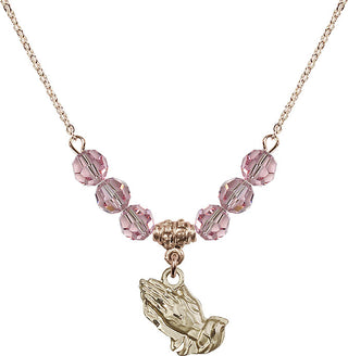 18" Hamilton Gold Plated Necklace with 4mm Light Rose Crystal Beads featuring a 14kt Gold Filled Praying Hands Medal.