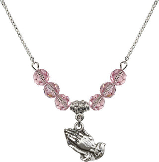 18" Rhodium Plated Necklace with 4mm Light Rose Crystal Beads featuring a Sterling Silver Praying Hands Medal.