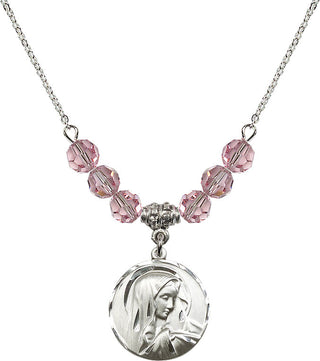 18" Rhodium Plated Necklace with 4mm Light Rose Crystal Beads featuring a Sterling Silver Sorrowful Mother Medal.