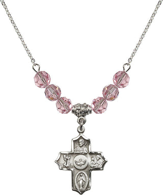 18" Rhodium Plated Necklace with 4mm Light Rose Crystal Beads featuring a Sterling Silver 5-Way Medal.