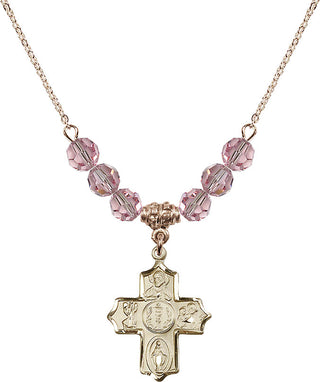 18" Hamilton Gold Plated Necklace with 4mm Light Rose Crystal Beads featuring a 14kt Gold Filled 4-Way Medal.