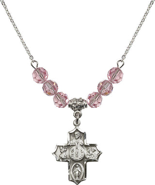 18" Rhodium Plated Necklace with 4mm Light Rose Crystal Beads featuring a Sterling Silver 4-Way Medal.