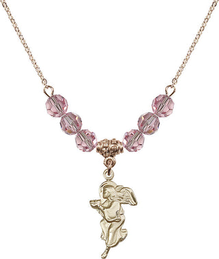 18" Hamilton Gold Plated Necklace with 4mm Light Rose Crystal Beads featuring a 14kt Gold Filled Guardian Angel Medal.