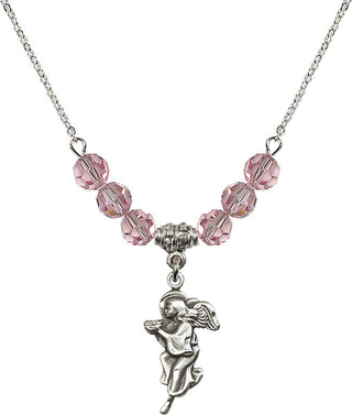 18" Rhodium Plated Necklace with 4mm Light Rose Crystal Beads featuring a Sterling Silver Guardian Angel Medal.
