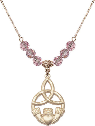 18" Hamilton Gold Plated Necklace with 4mm Light Rose Crystal Beads featuring a 14kt Gold Filled Irish Knot / Claddagh Medal.