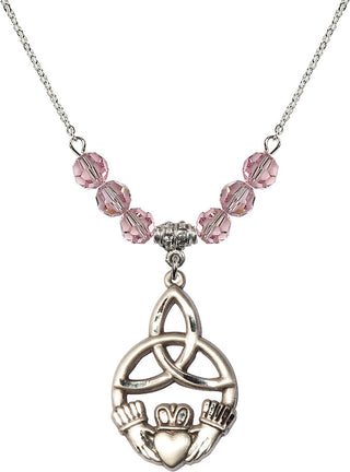 18" Rhodium Plated Necklace with 4mm Light Rose Crystal Beads featuring a Sterling Silver Irish Knot / Claddagh Medal.