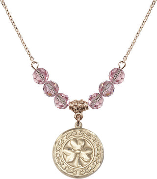 18" Hamilton Gold Plated Necklace with 4mm Light Rose Crystal Beads featuring a 14kt Gold Filled Shamrock with Celtic Border Medal.