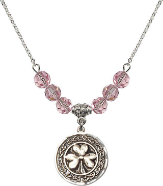 18" Rhodium Plated Necklace with 4mm Light Rose Crystal Beads featuring a Sterling Silver Shamrock with Celtic Border Medal.