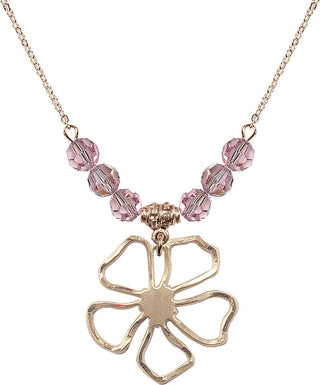 18" Hamilton Gold Plated Necklace with 4mm Light Rose Crystal Beads featuring a 14kt Gold Filled Five Pedal Flower Medal.