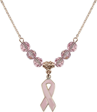 18" Hamilton Gold Plated Necklace with 4mm Light Rose Crystal Beads featuring a 14kt Gold Filled Cancer Awareness Medal.