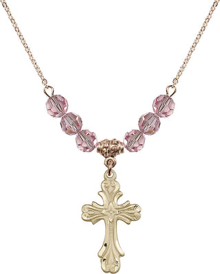 18" Hamilton Gold Plated Necklace with 4mm Light Rose Crystal Beads featuring a 14kt Gold Filled Cross Medal.