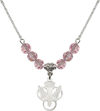 18" Rhodium Plated Necklace with 4mm Light Rose Crystal Beads featuring a Sterling Silver Holy Spirit Medal.