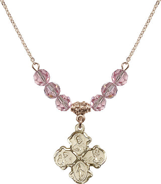 18" Hamilton Gold Plated Necklace with 4mm Light Rose Crystal Beads featuring a 14kt Gold Filled 4-Way Medal.