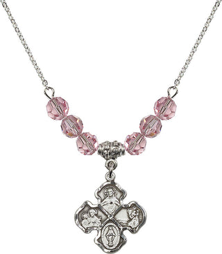 18" Rhodium Plated Necklace with 4mm Light Rose Crystal Beads featuring a Sterling Silver 4-Way Medal.