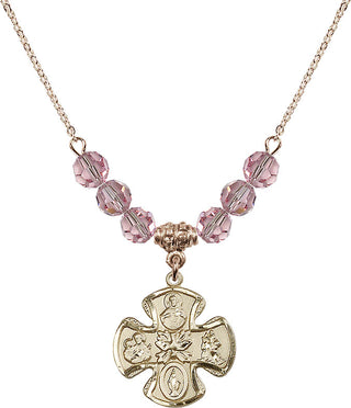 18" Hamilton Gold Plated Necklace with 4mm Light Rose Crystal Beads featuring a 14kt Gold Filled 5-Way Medal.
