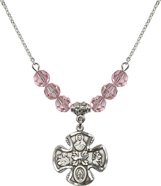 18" Rhodium Plated Necklace with 4mm Light Rose Crystal Beads featuring a Sterling Silver 5-Way Medal.