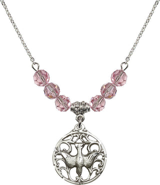 18" Rhodium Plated Necklace with 4mm Light Rose Crystal Beads featuring a Sterling Silver Holy Spirit Medal.