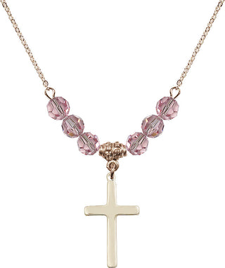 18" Hamilton Gold Plated Necklace with 4mm Light Rose Crystal Beads featuring a 14kt Gold Filled Cross Medal.