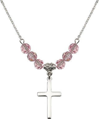 18" Rhodium Plated Necklace with 4mm Light Rose Crystal Beads featuring a Sterling Silver Cross Medal.
