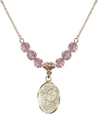 18" Hamilton Gold Plated Necklace with 4mm Light Rose Crystal Beads featuring a 14kt Gold Filled Miraculous Medal.