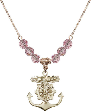 18" Hamilton Gold Plated Necklace with 4mm Light Rose Crystal Beads featuring a 14kt Gold Filled Anchor Crucifix Medal.