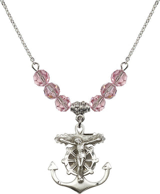 18" Rhodium Plated Necklace with 4mm Light Rose Crystal Beads featuring a Sterling Silver Anchor Crucifix Medal.
