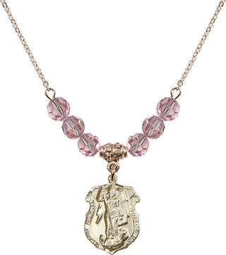 18" Hamilton Gold Plated Necklace with 4mm Light Rose Crystal Beads featuring a 14kt Gold Filled Saint Michael the Archangel Medal. Engraved Catholic Saint Jewelry