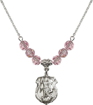 18" Rhodium Plated Necklace with 4mm Light Rose Crystal Beads featuring a Sterling Silver Saint Michael the Archangel Medal. Engraved Catholic Saint Jewelry