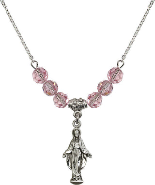 18" Rhodium Plated Necklace with 4mm Light Rose Crystal Beads featuring a Sterling Silver Miraculous Medal.
