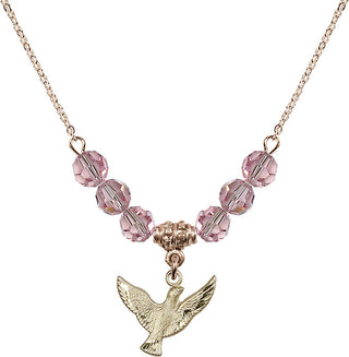 18" Hamilton Gold Plated Necklace with 4mm Light Rose Crystal Beads featuring a 14kt Gold Filled Holy Spirit Medal.