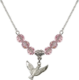 18" Rhodium Plated Necklace with 4mm Light Rose Crystal Beads featuring a Sterling Silver Holy Spirit Medal.