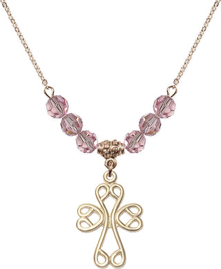 18" Hamilton Gold Plated Necklace with 4mm Light Rose Crystal Beads featuring a 14kt Gold Filled Scroll Cross Medal.