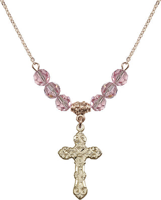 18" Hamilton Gold Plated Necklace with 4mm Light Rose Crystal Beads featuring a 14kt Gold Filled Cross Medal. Engraved Catholic Saint Jewelry