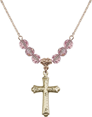 18" Hamilton Gold Plated Necklace with 4mm Light Rose Crystal Beads featuring a 14kt Gold Filled Cross Medal. Engraved Catholic Saint Jewelry
