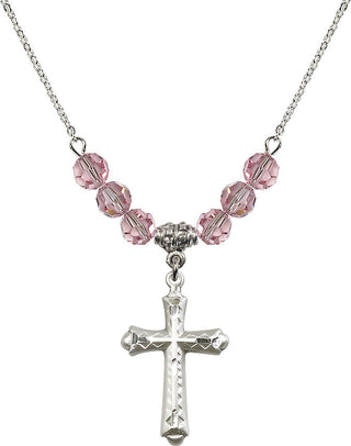 18" Rhodium Plated Necklace with 4mm Light Rose Crystal Beads featuring a Sterling Silver Cross Medal. Engraved Catholic Saint Jewelry