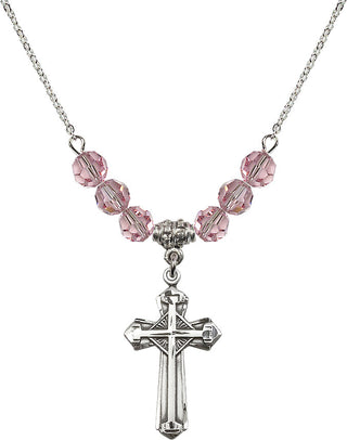 18" Rhodium Plated Necklace with 4mm Light Rose Crystal Beads featuring a Sterling Silver Cross Medal. Engraved Catholic Saint Jewelry